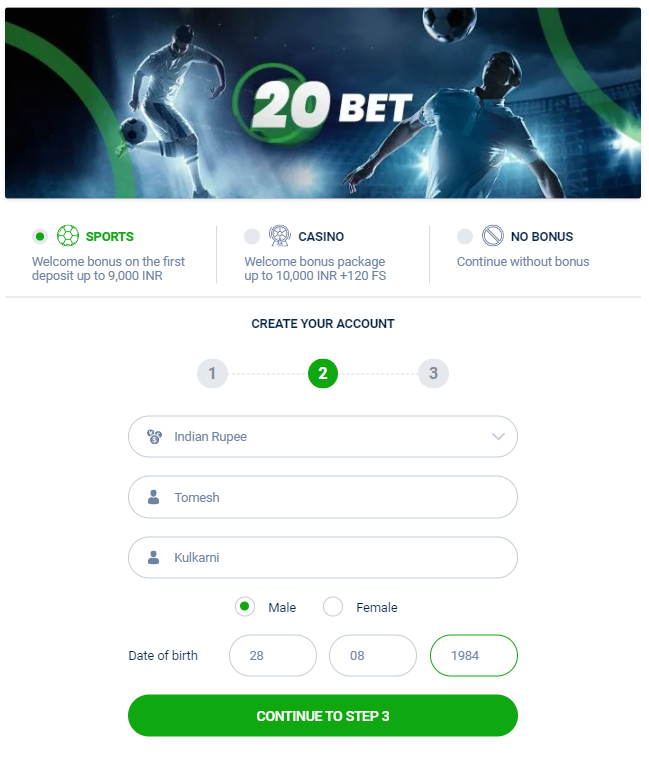 20 Bet Account Creation 2