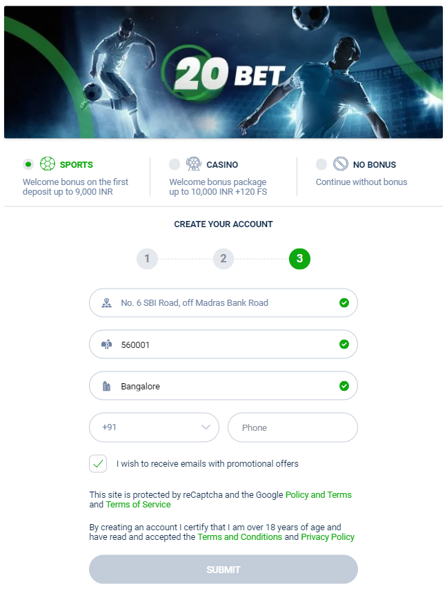 20 Bet Account Creation 3