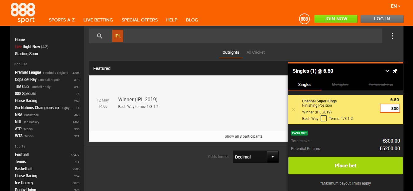888Sport Online Cricket Betting