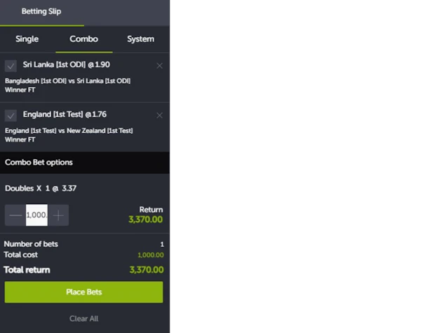 Come On Bet Combo Betting Slip
