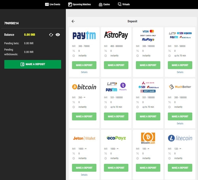 Deposit on Parimatch