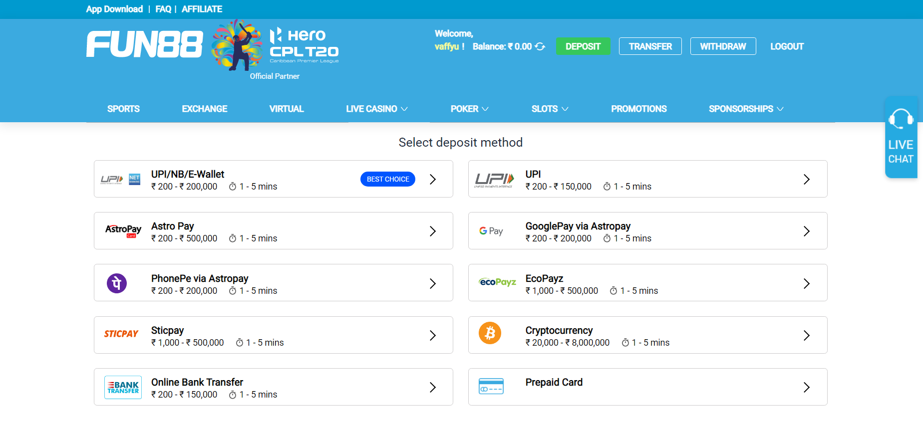 Fun88 Deposit Methods