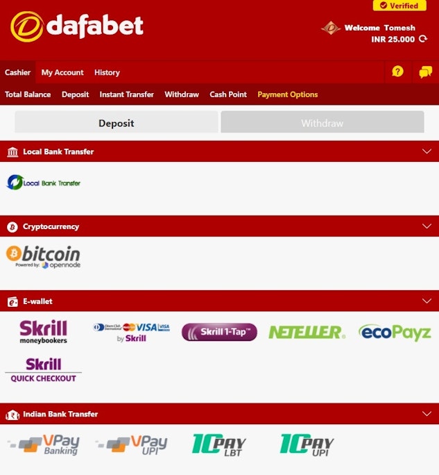 How to deposit on Dafabet in india