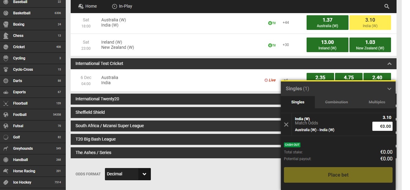 Unibet Cricket Selection