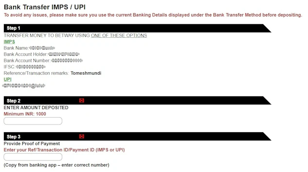 Deposit on betway with UPI